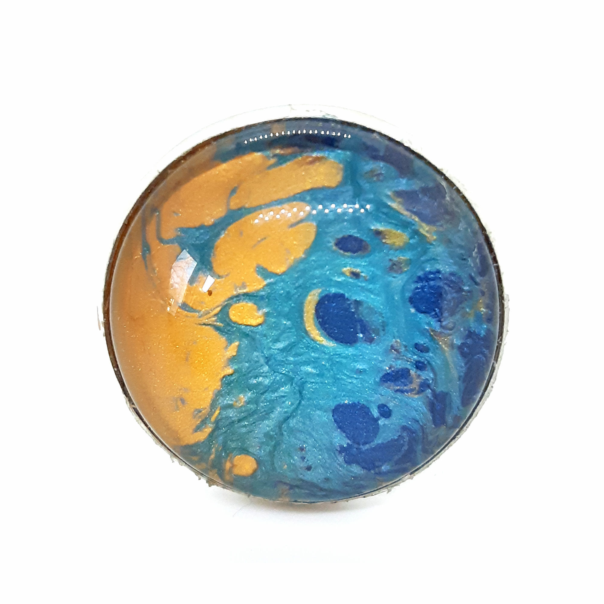 Hand painted silver plate adjustable ring -Blue, Aqua, and Gold