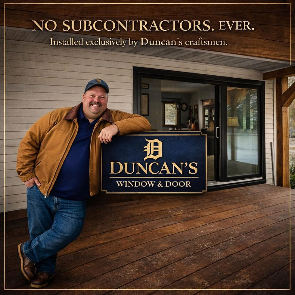 Jeremy leaning on the Duncan's Window and Door logo.