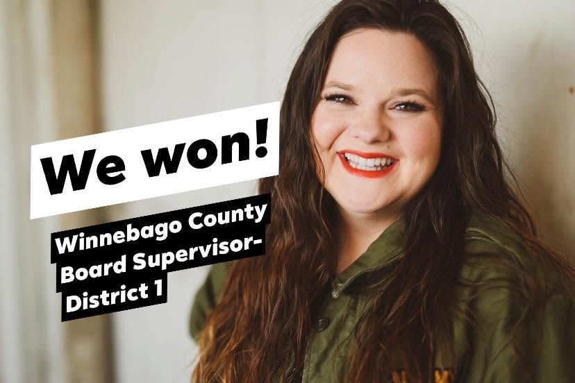 A photo from April 2026, Rachael Dowling posted that she had won her first election to the Winnebago County Board