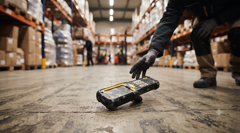 Rugged handheld warehouse scanner surviving an accidental drop on a concrete floor.