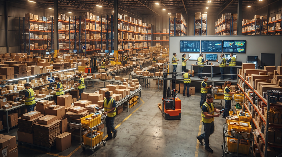 E-commerce warehouse struggling with a surge in orders during peak season.