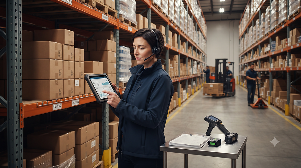 Warehouse manager comparing physical stock with digital inventory records to identify discrepancies