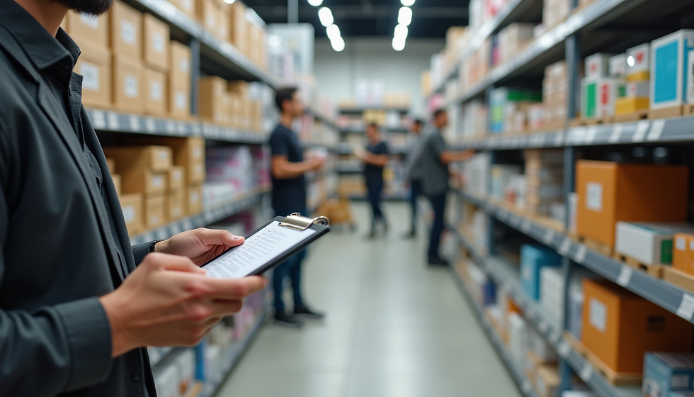 Retail store employee using mobile app to count inventory during seasonal transition