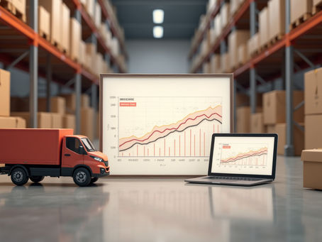 Warehouse manager analyzing demand forecast data on tablet with inventory shelves in background