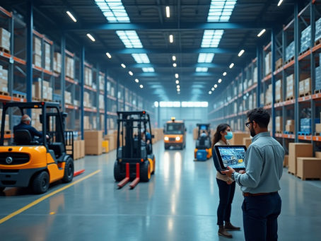 Warehouse supervisor using AI-assisted video monitoring to oversee logistics operations