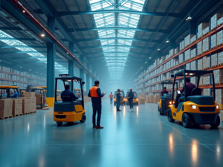 Supply chain professionals working alongside AI-assisted warehouse technology and automation.
