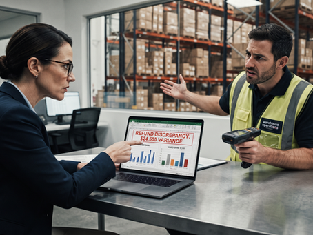 A finance analyst points at a laptop showing a large red refund discrepancy on a spreadsheet, while a warehouse manager in a high-vis vest looks defensive.
