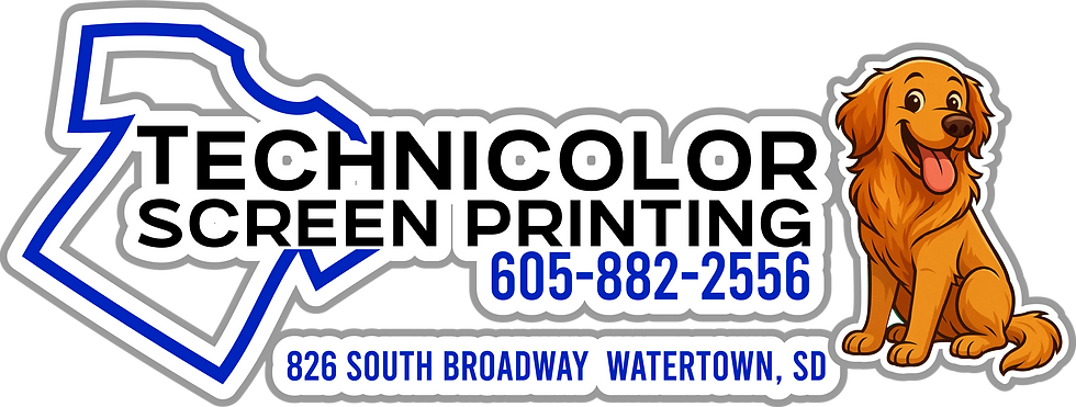 Landscape logo graphic for Technicolor Screen Printing with a golden dog illustration.