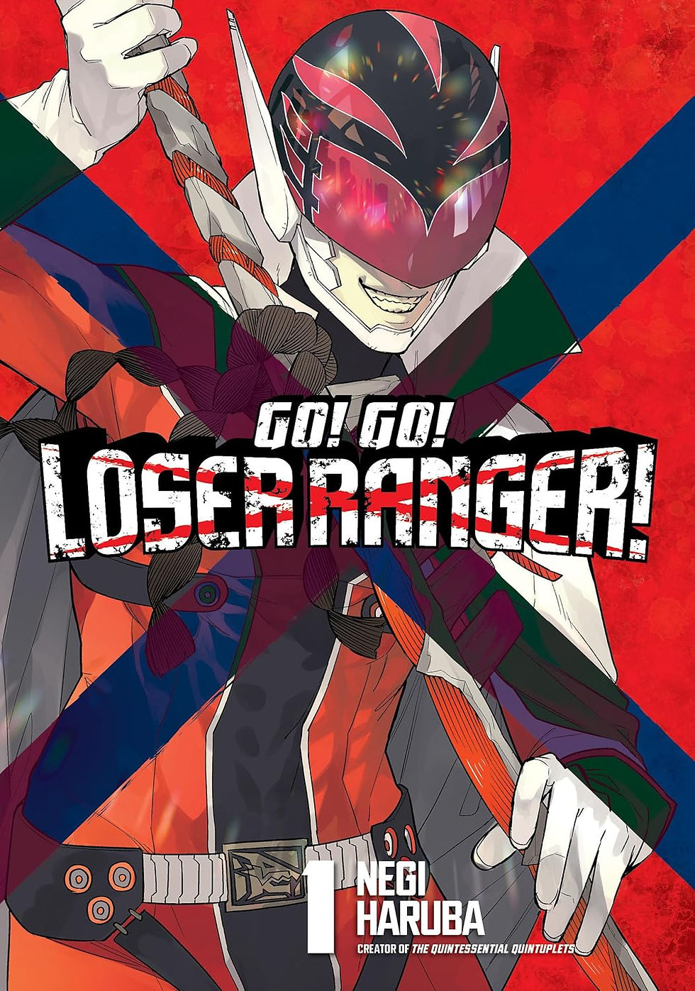 Helmeted figure in colorful armor holding a rope on a red background. Text reads "Go! Go! Loser Ranger!" and "Negi Haruba." Vibrant and dynamic.