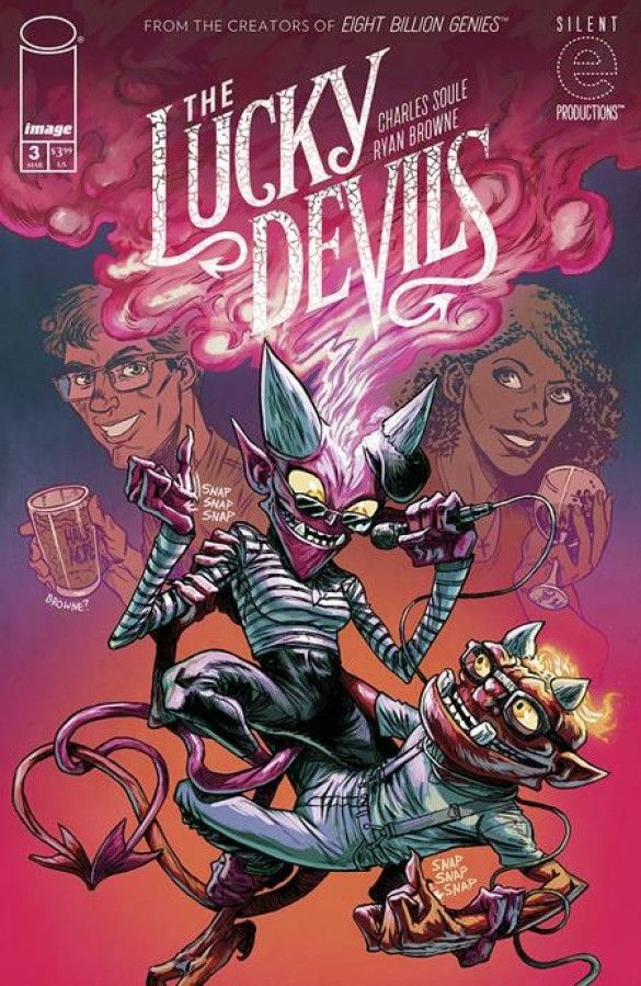 Comic cover titled "The Lucky Devils" shows two devilish characters with microphones. Bright colors, playful mood, and background faces.
