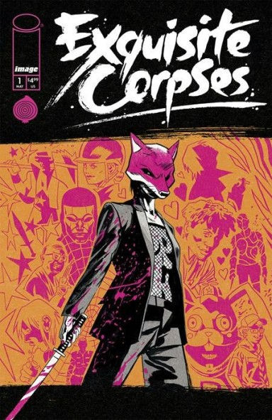 Person with a pink fox head, suit, and sword on comic cover. Vibrant purple and orange background with stylized characters. Text: "Exquisite Corpses".