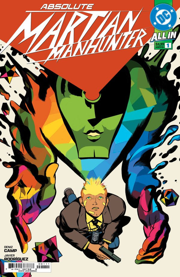 Comic cover of "Absolute Martian Manhunter" with a colorful abstract design and a detective holding a gun. Bold text, dynamic colors.