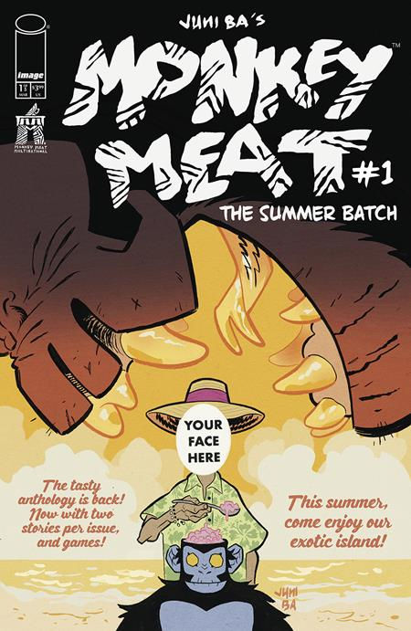 Comic cover features a large hand holding a small figure with a paper face. Title: Monkey Meat #1, The Summer Batch. Vibrant, exotic island theme.