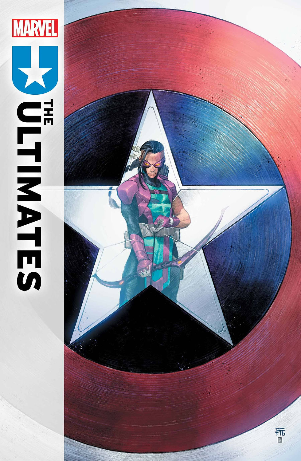 Marvel comics the ultimates #5 cover art with Hawkeye standing in front of Captain America's shield