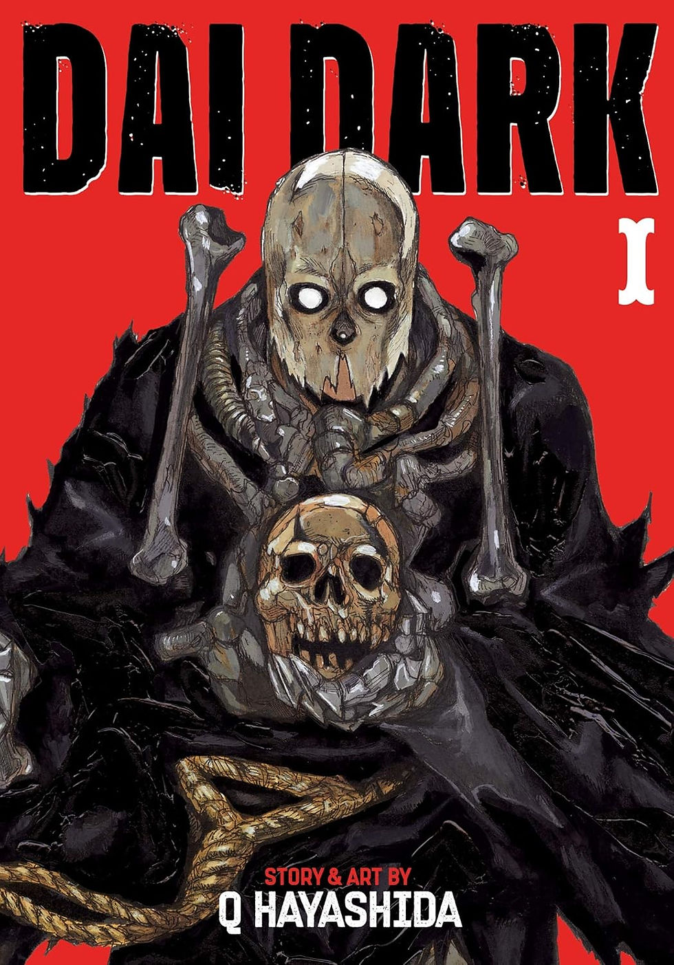 A skeleton figure in tattered robes holds a skull against a red backdrop, with bold "DAI DARK" and "Q HAYASHIDA" text. Eerie mood.