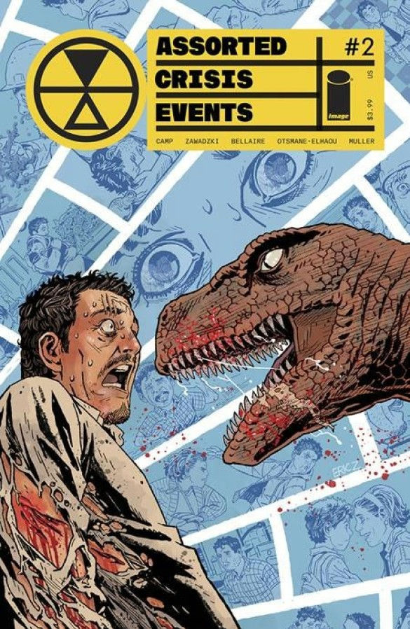 Man in a torn shirt with a bloody wound faces a snarling dinosaur. Comic cover text: "Assorted Crisis Events #2". Background with blue panels.