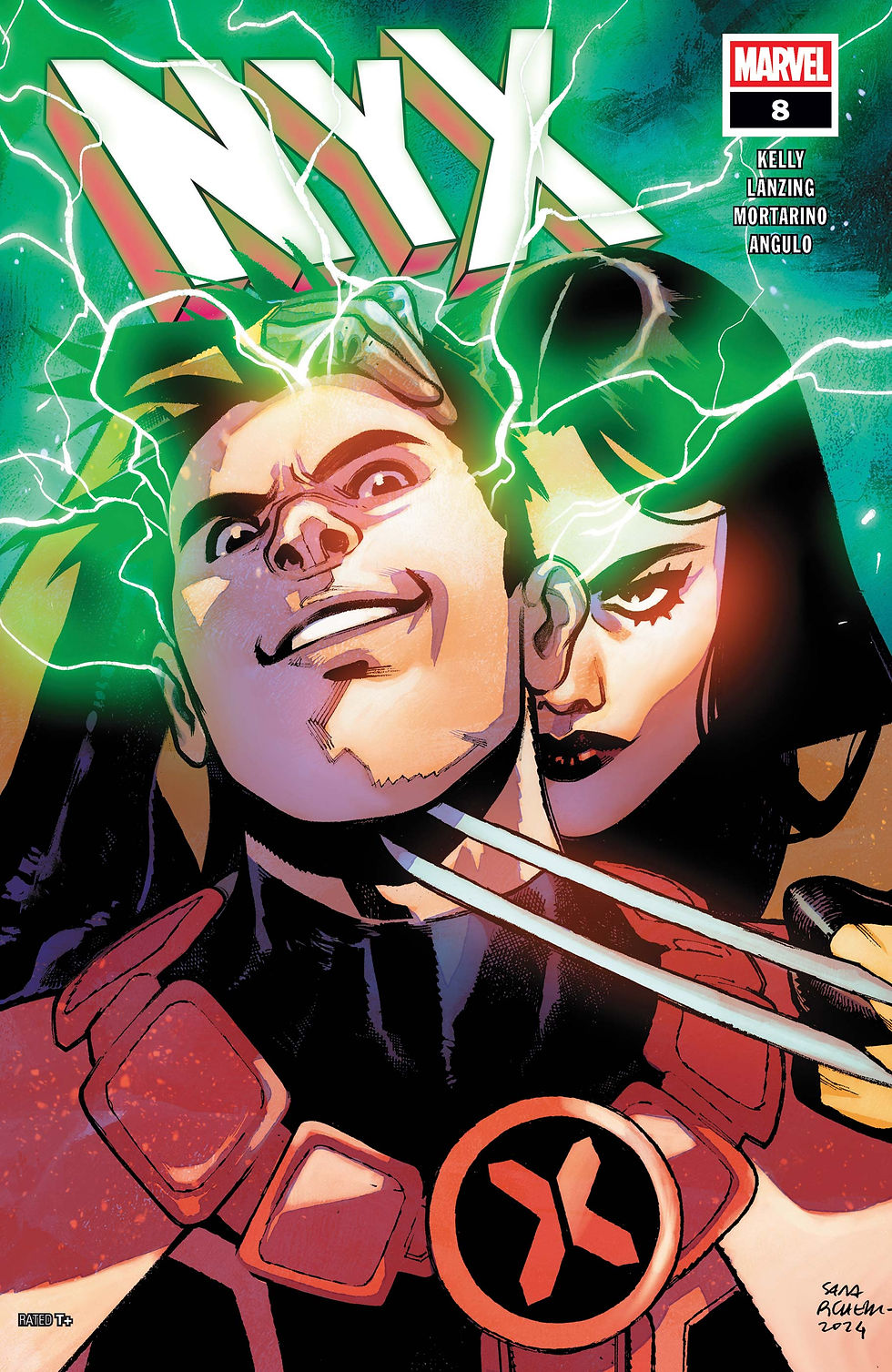 Comic cover featuring two intense characters, one with glowing eyes. Lightning surrounds them. Bold "NYX" text and Marvel logo are visible.