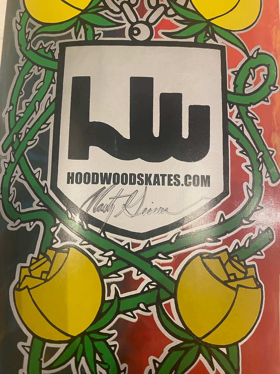 Thumbnail: Hoodwood Bobcat Roses Green/Red 10in Signed Skateboard Deck