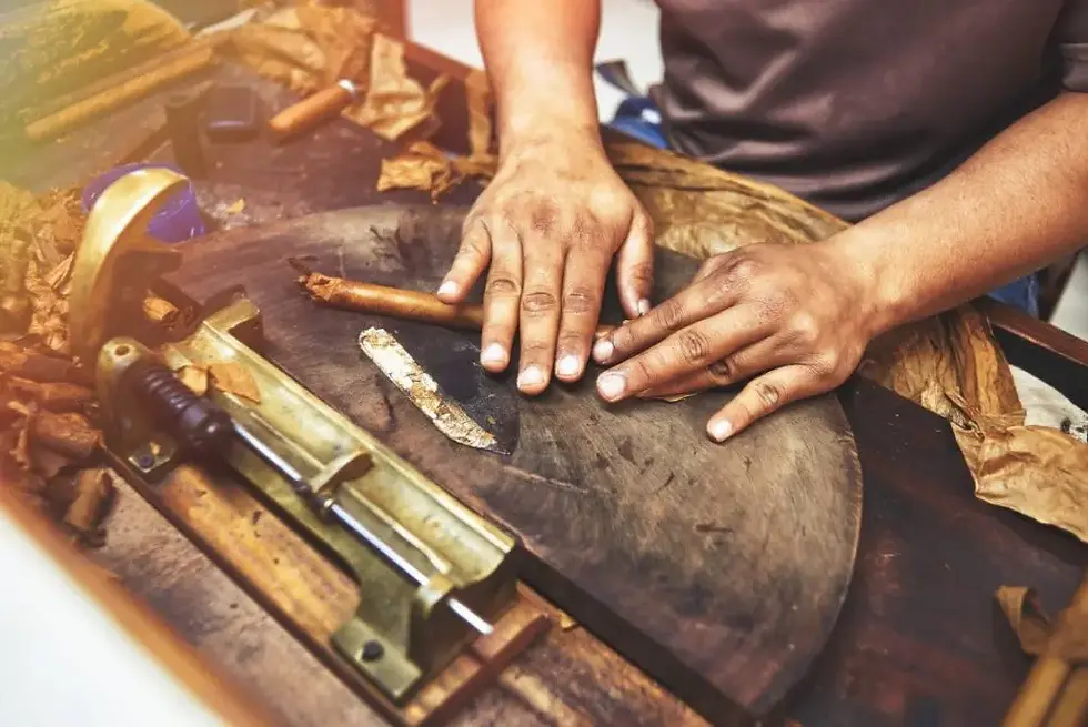 Artesano cubano enrollando un puro de forma manual con hojas de tabaco.