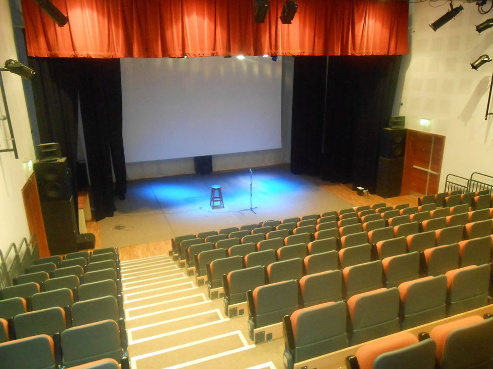 Empty theatre stage with a microphone stand and stool facing rows of audience seats.