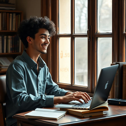 a mixed heritage teenager working at a desk with books and a laptop. Next to a window and