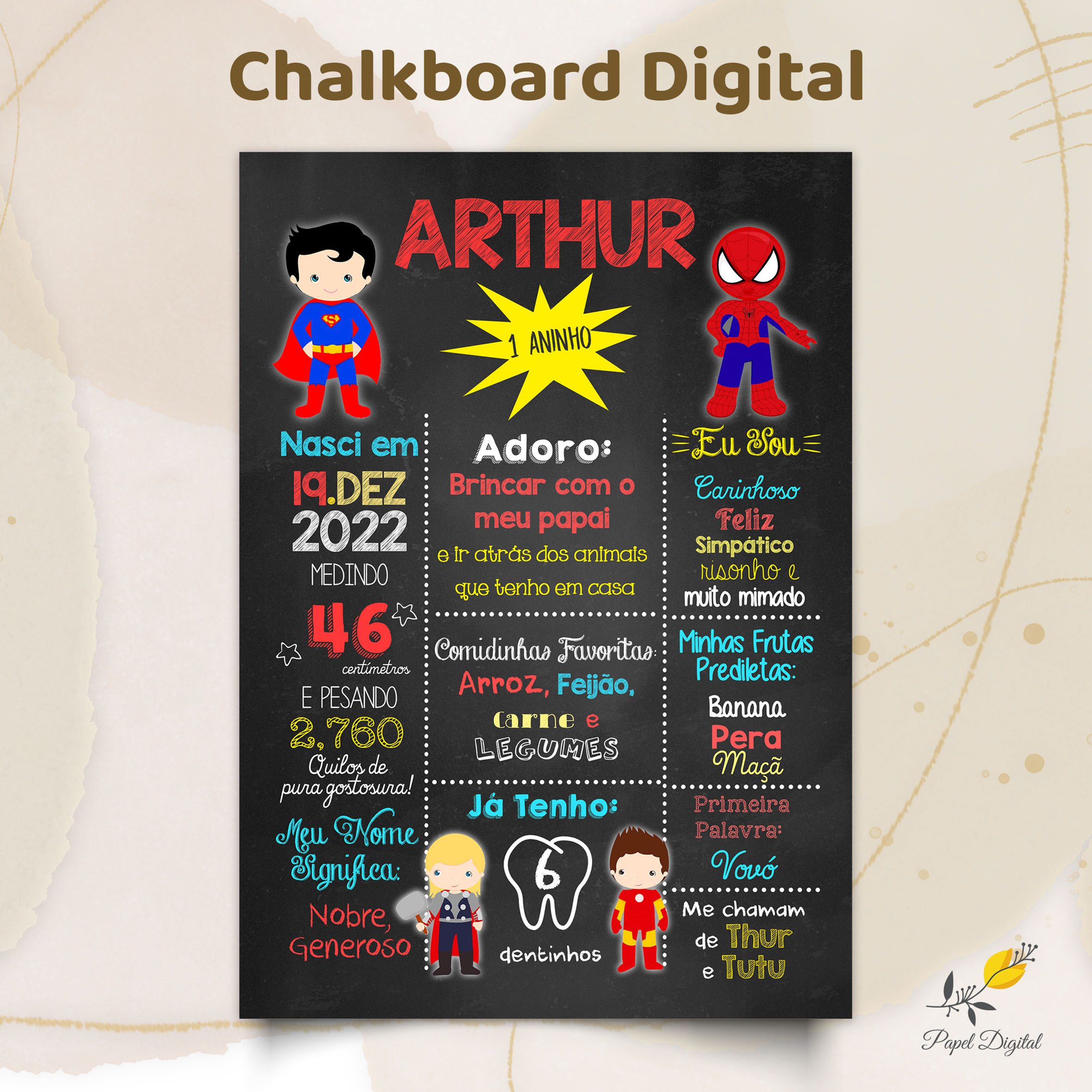 Chalkboard Digital Super Heróis Modelo 1