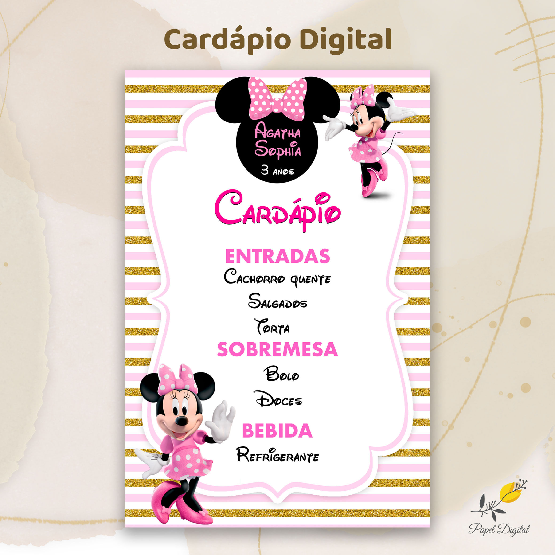 Cardápio para Festa Infantil Minnie Rosa Modelo 2