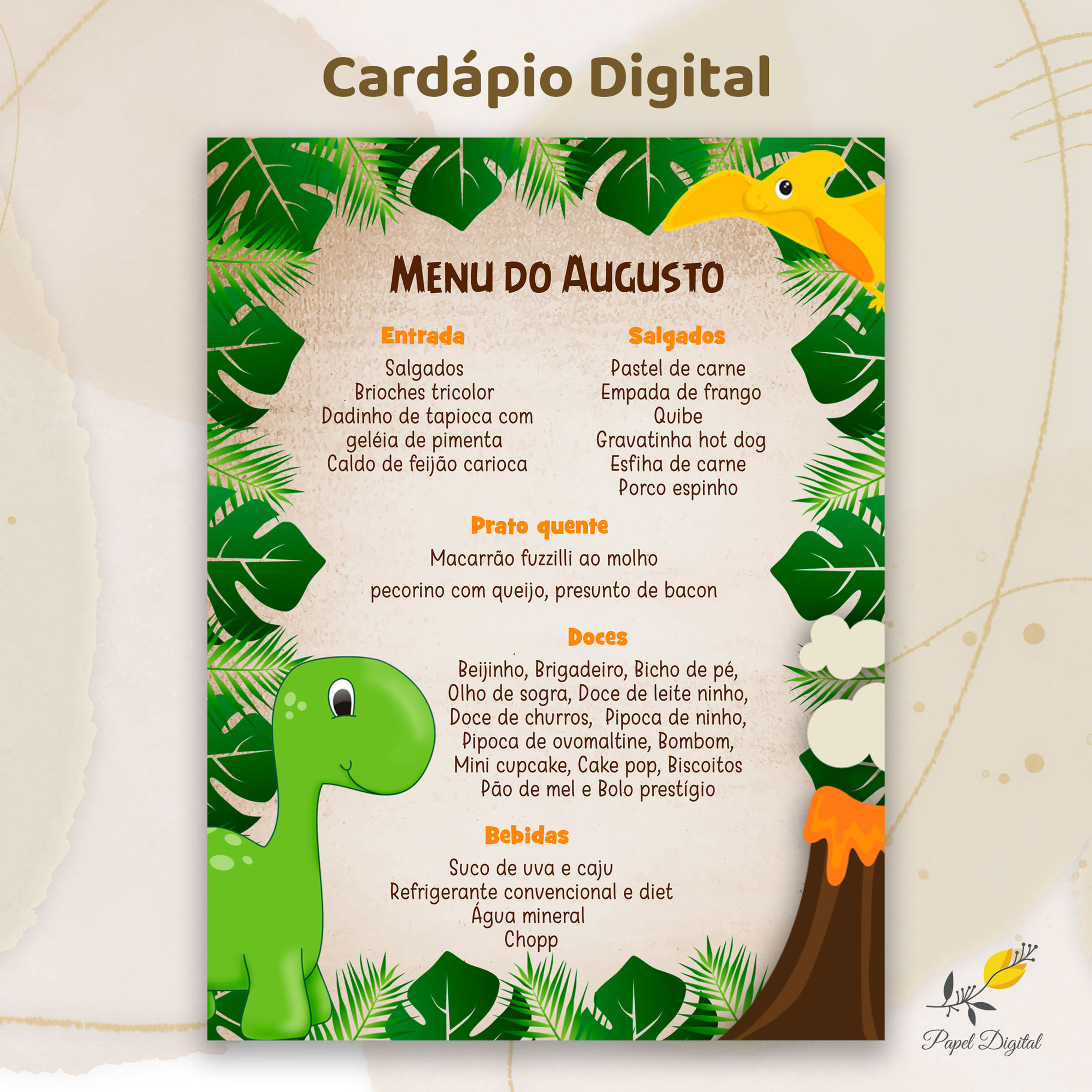 Cardápio para Festa Infantil Dinossauro Modelo 1