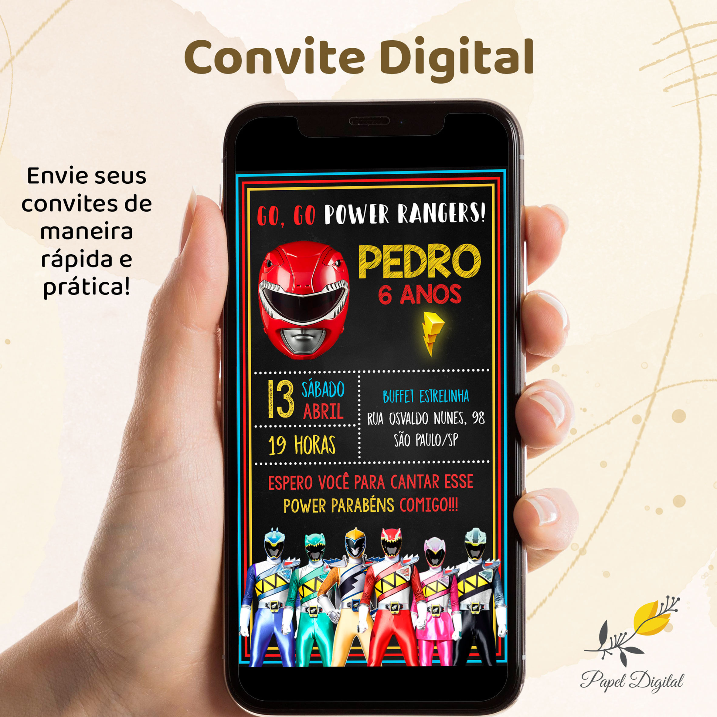 Convite Digital Power Rangers Modelo 3