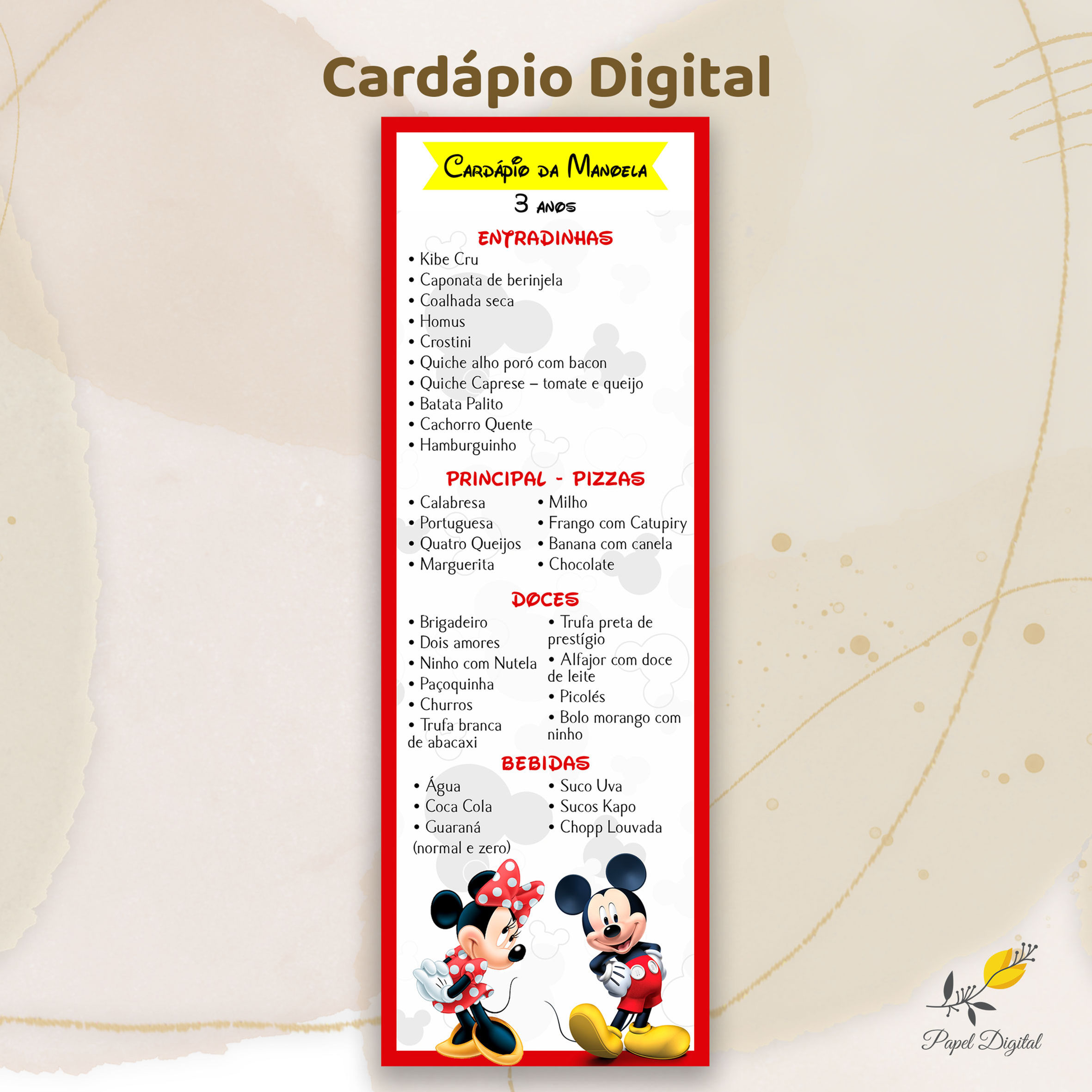 Cardápio para Festa Infantil Turma do Mickey Modelo 4
