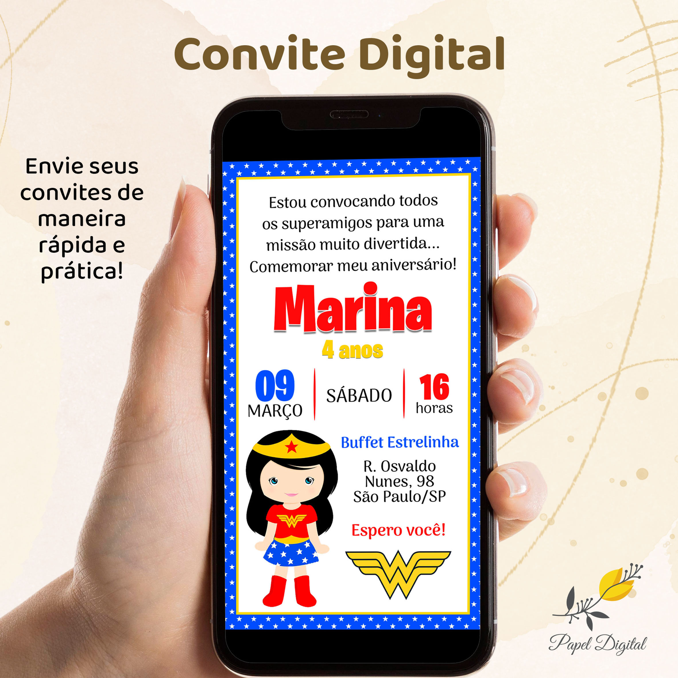 Convite Digital Mulher Maravilha Modelo 4