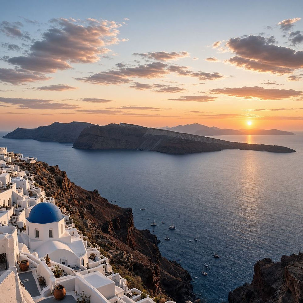 Santorini caldera at sunset with a blue-domed church in the foreground, from a Greece custom itinerary