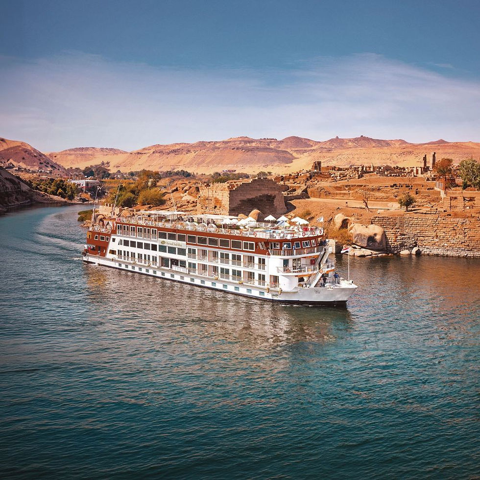 River cruise ship on the Nile passing an ancient temple, an AmaWaterways Egypt sailing