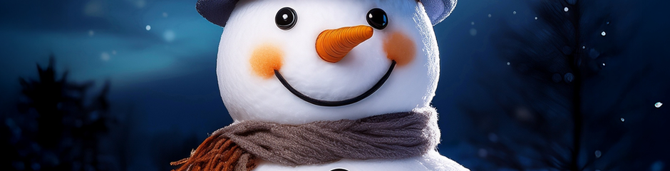 A happy snowman on a winter evening