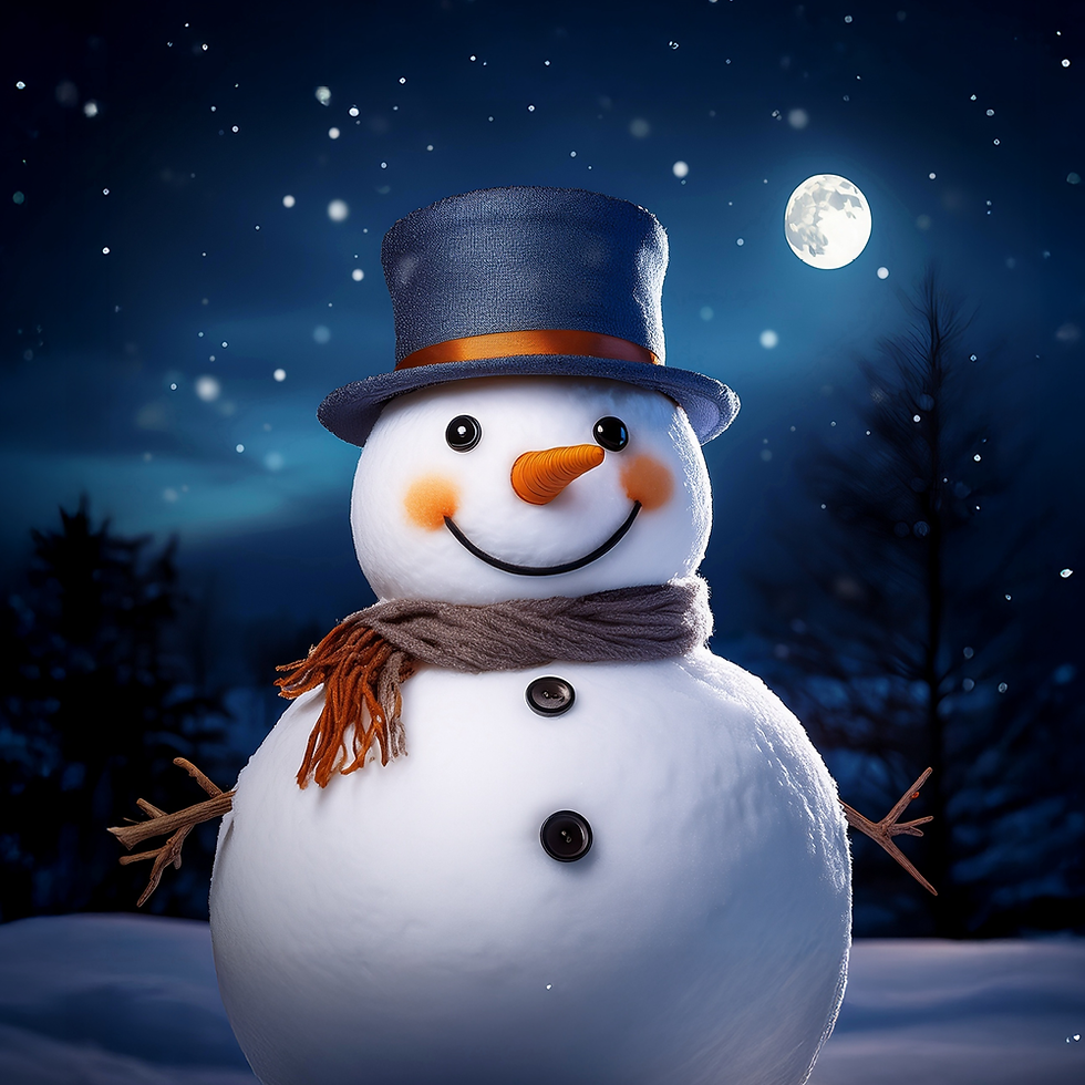 A happy snowman at night