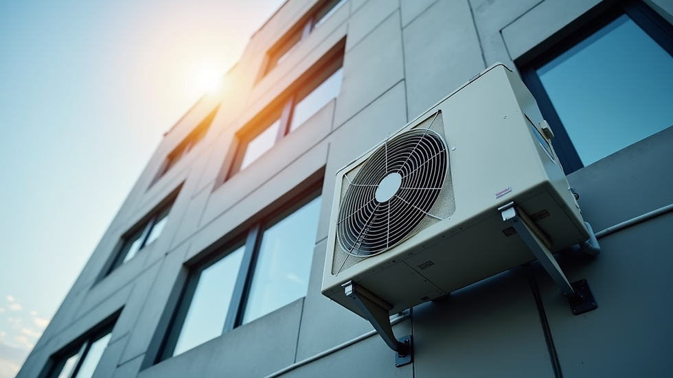 Eye-level view of a modern HVAC unit installed on a commercial building exterior