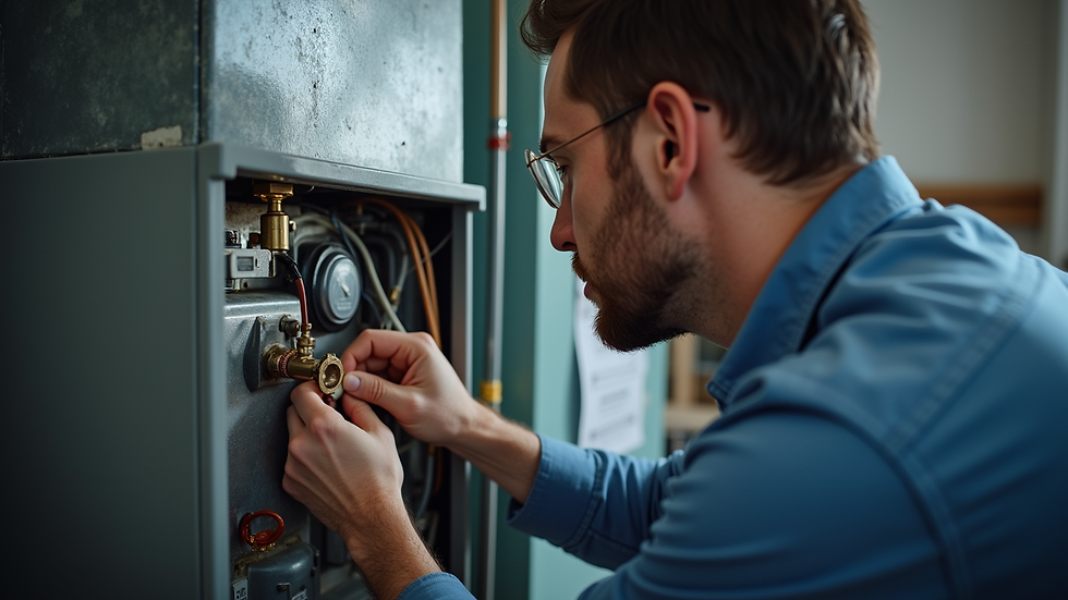 Close-up view of HVAC technician inspecting a furnace