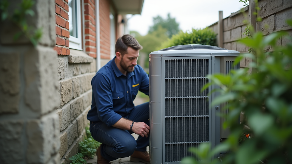 Eye-level view of a technician inspecting an air conditioning unit outside a residential home