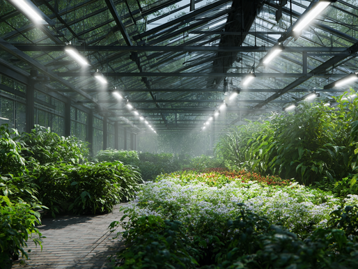 Advanced horticultural LED grow light converting electrical energy into photosynthetic photons inside a modern greenhouse with healthy crop growth.