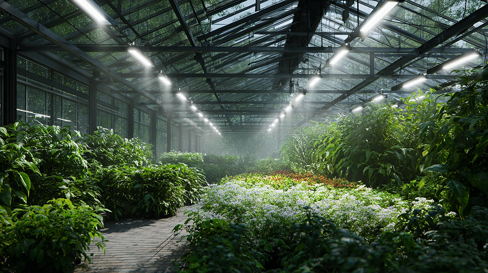 Advanced horticultural LED grow light converting electrical energy into photosynthetic photons inside a modern greenhouse with healthy crop growth.