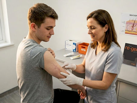 Dermatologist examining patient scar in clinic