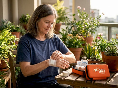 Woman changing arm bandage at kitchen table