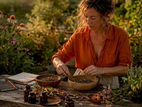 Herbalist mixing botanical skincare ingredients