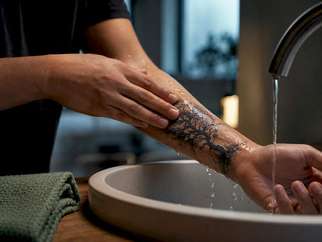 Fresh tattoo being gently rinsed clean