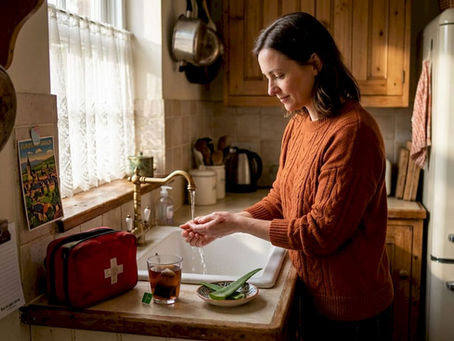 Woman cools hand under tap water at kitchen sink