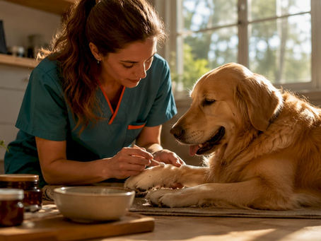 Vet applying natural ointment to dog paw