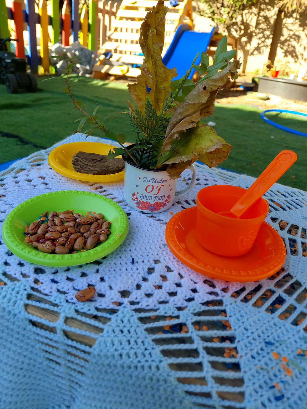 We had a lovely little tea party under the shady trees. Our spread included some rice, lentils and beans. The girls had a ball scooping and pouring their little mixtures from one cup to the next.