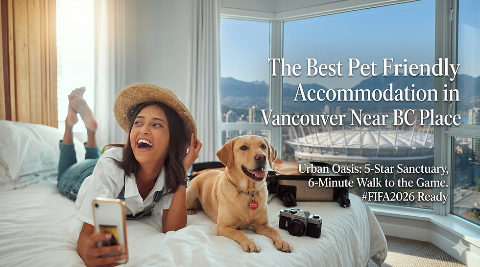 Happy woman with a golden dog on a luxurious white bed, looking out a large corner window at the North Shore Mountains and BC Place stadium in Vancouver, showcasing pet friendly accommodation at Urban Oasis.