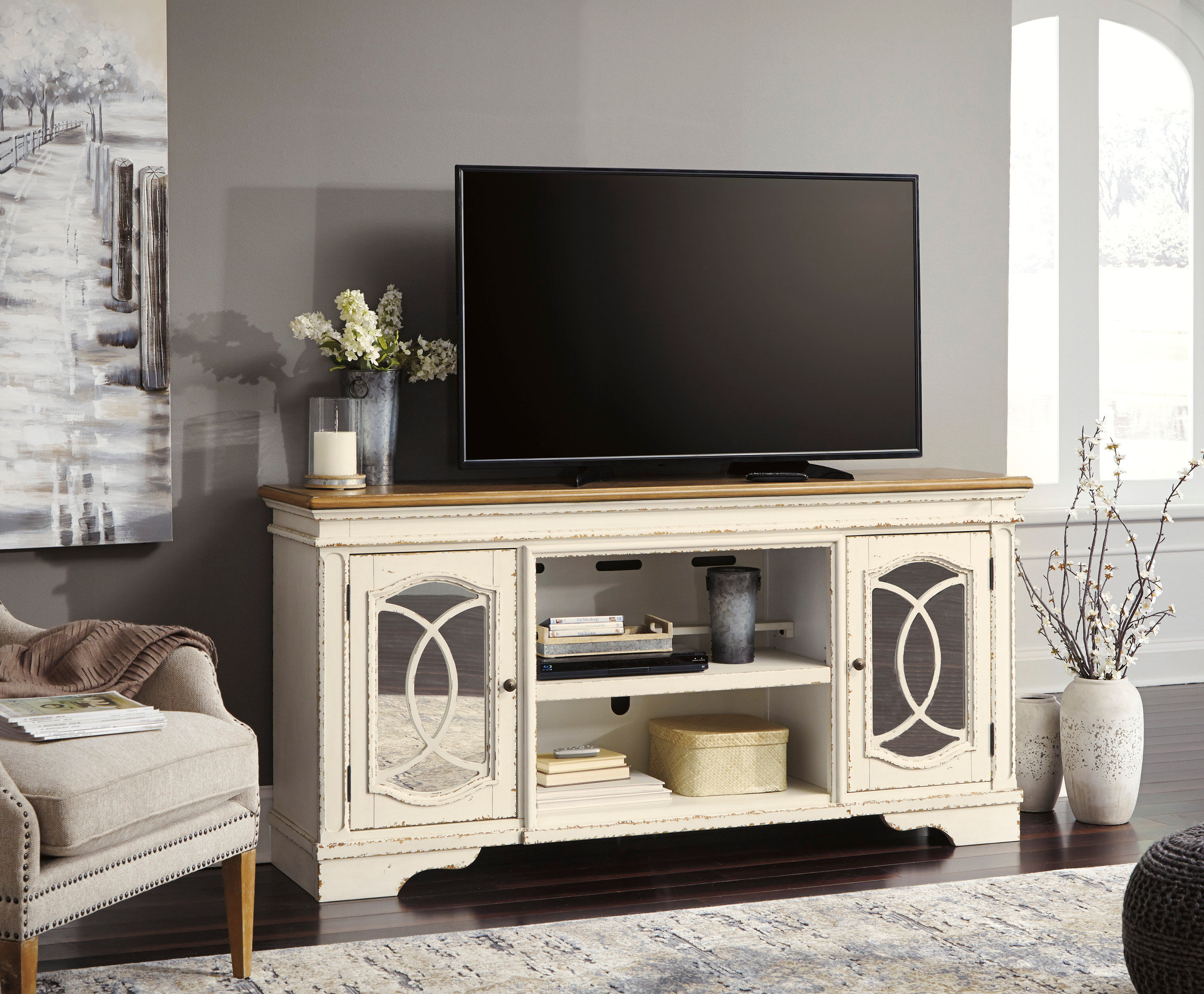 W743-68 74" Chipped White TV Stand
