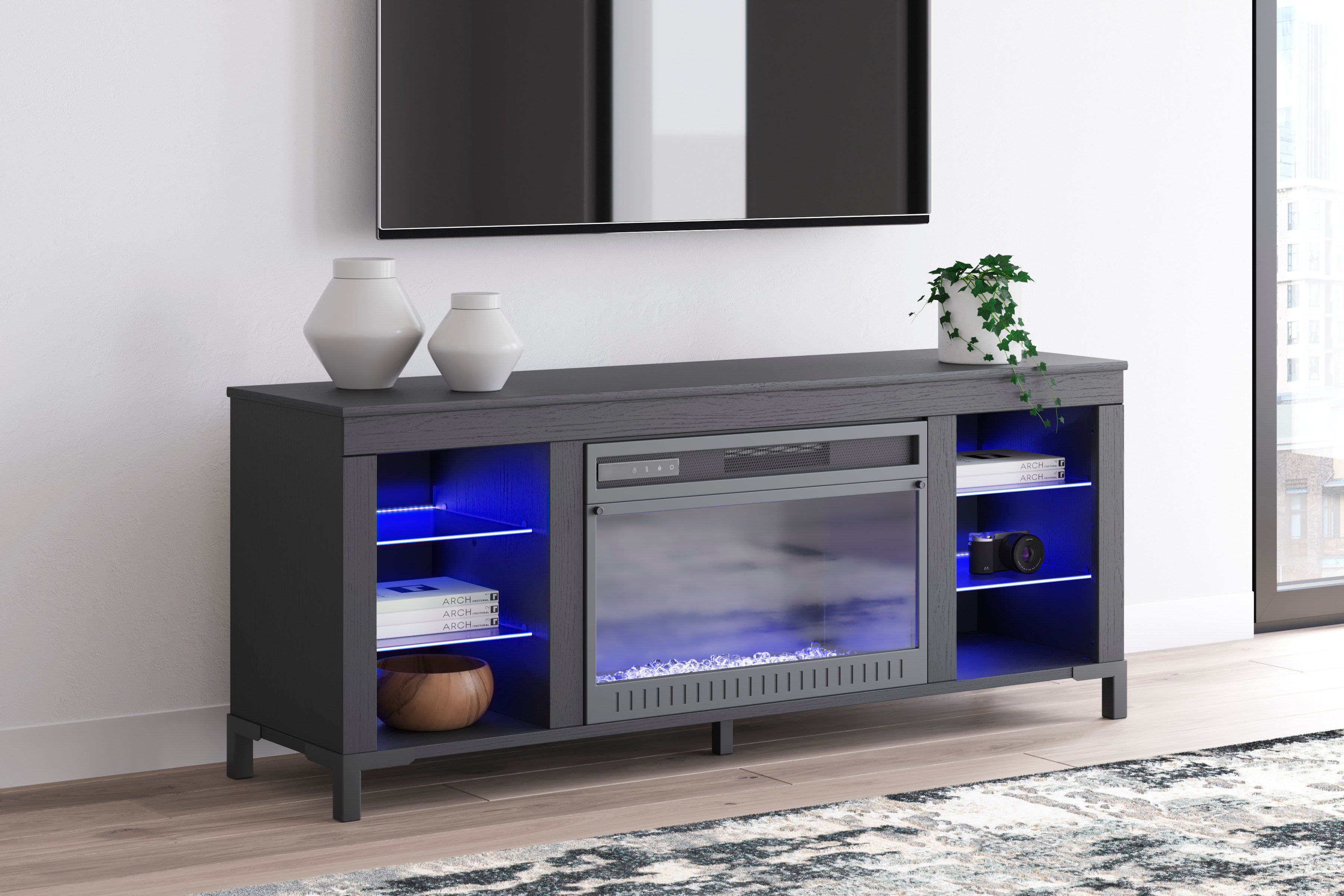 W2721-168 59" Black TV Stand with Fireplace